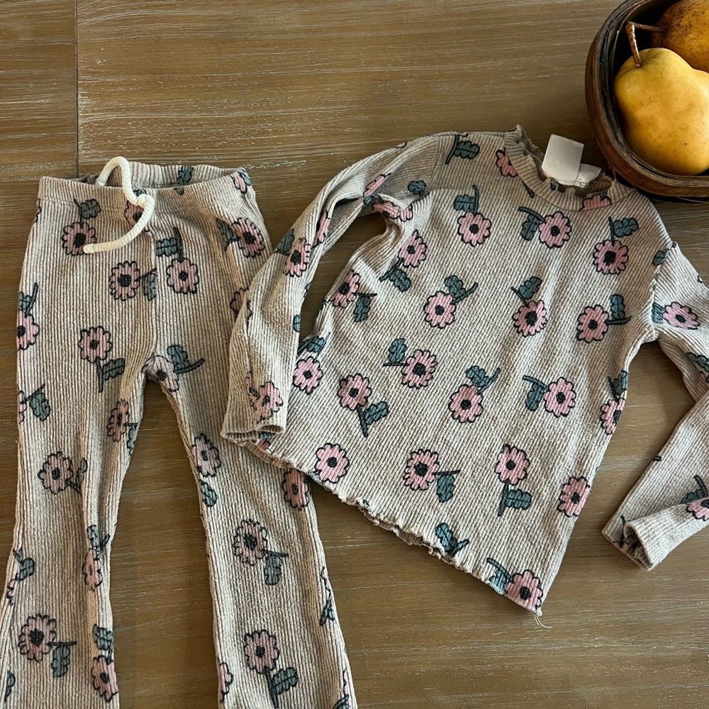 Zara Beige Floral Ribbed Matching Set with Pink and Green Flowers